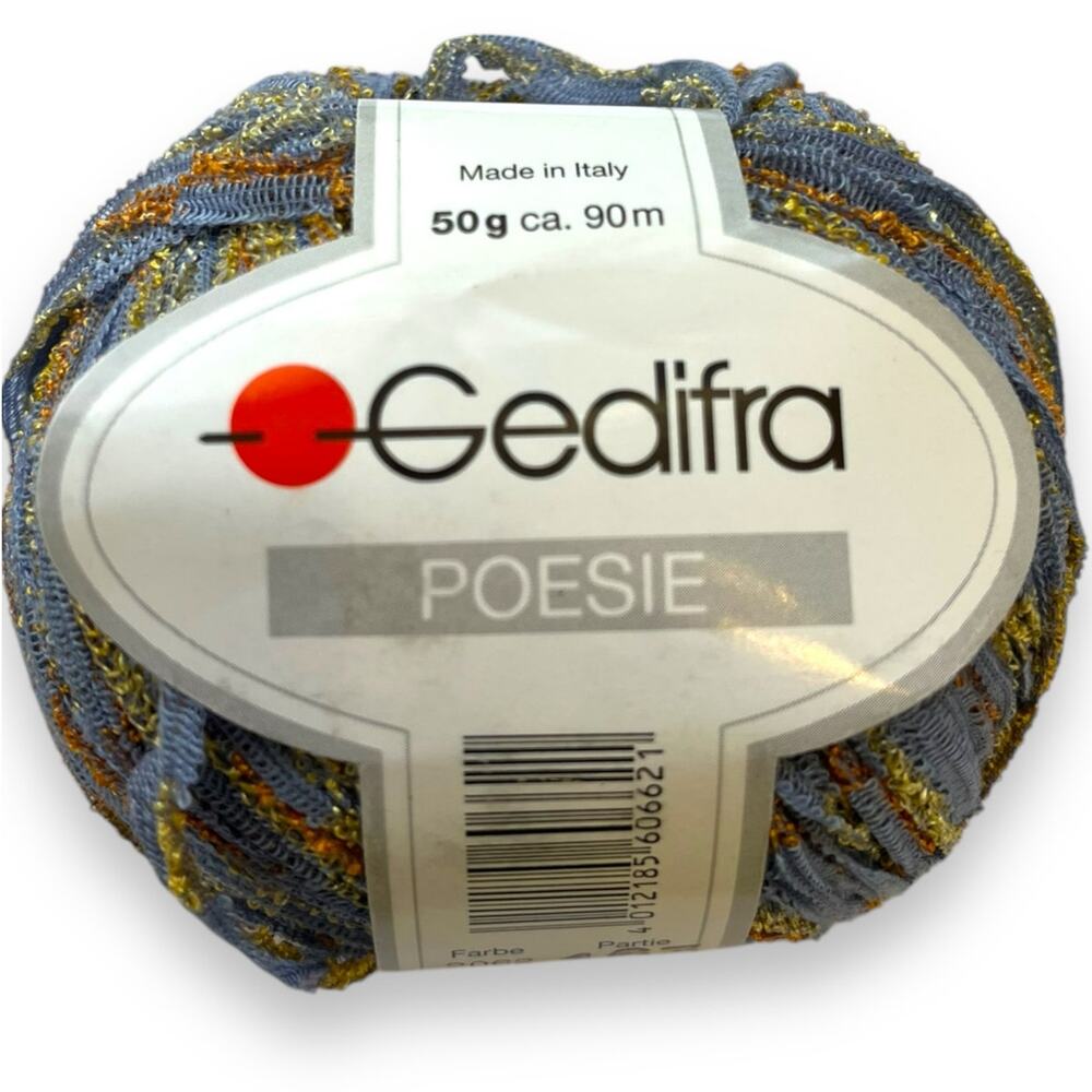 1 Ball Gedifra POESIE Bulky Ribbon Yarn | 2062 Blue-Gray Gold